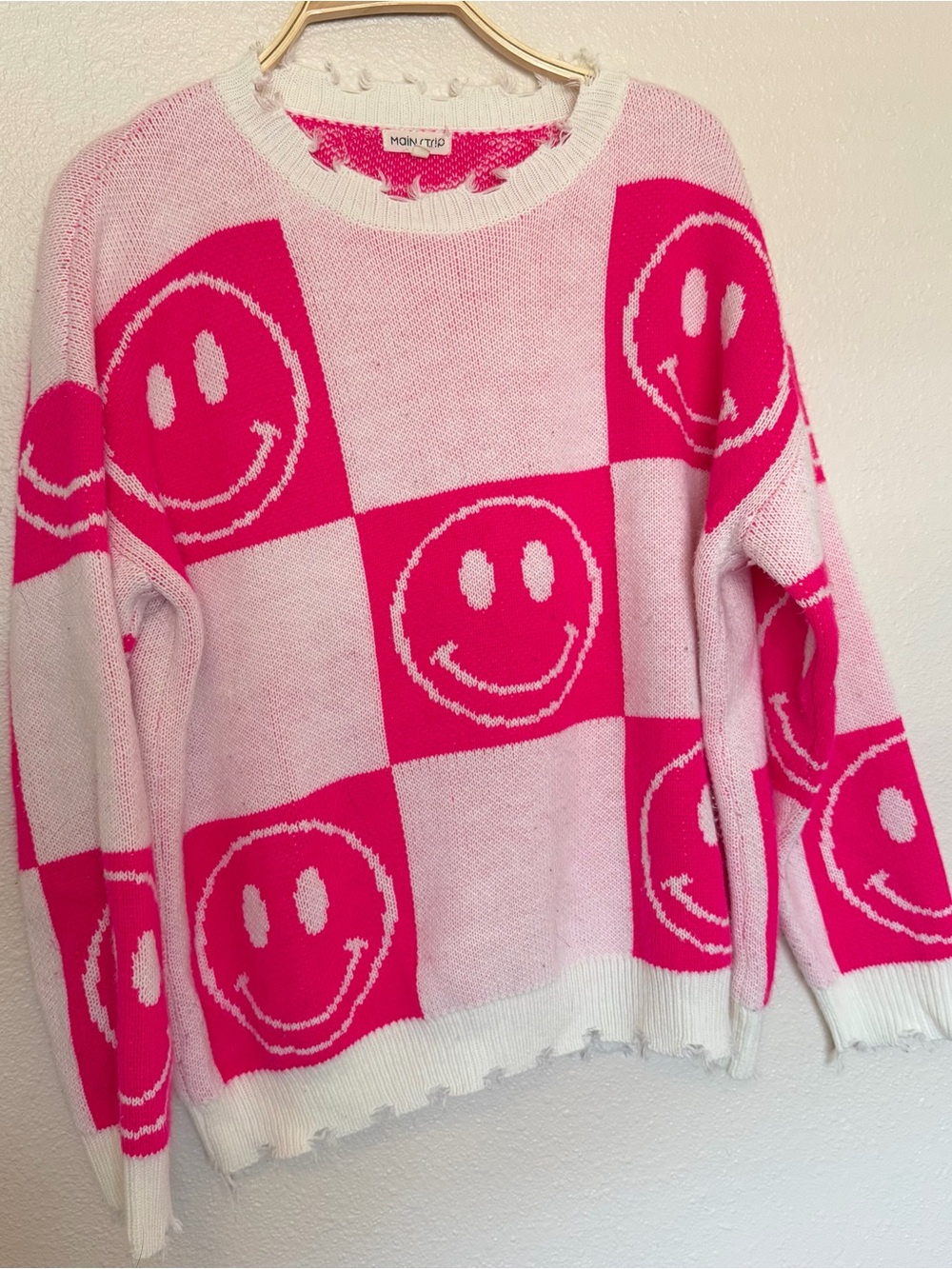 Main Strip Hot Pink & White Smiley Checker Knit Sweater